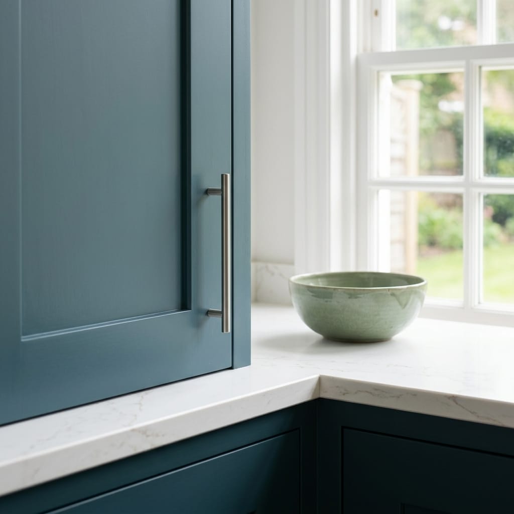 blue panel door with silver handle beside white worktop and green bowl