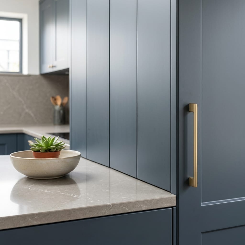 Matte blue panelled units with gold handle and grey stone worktop