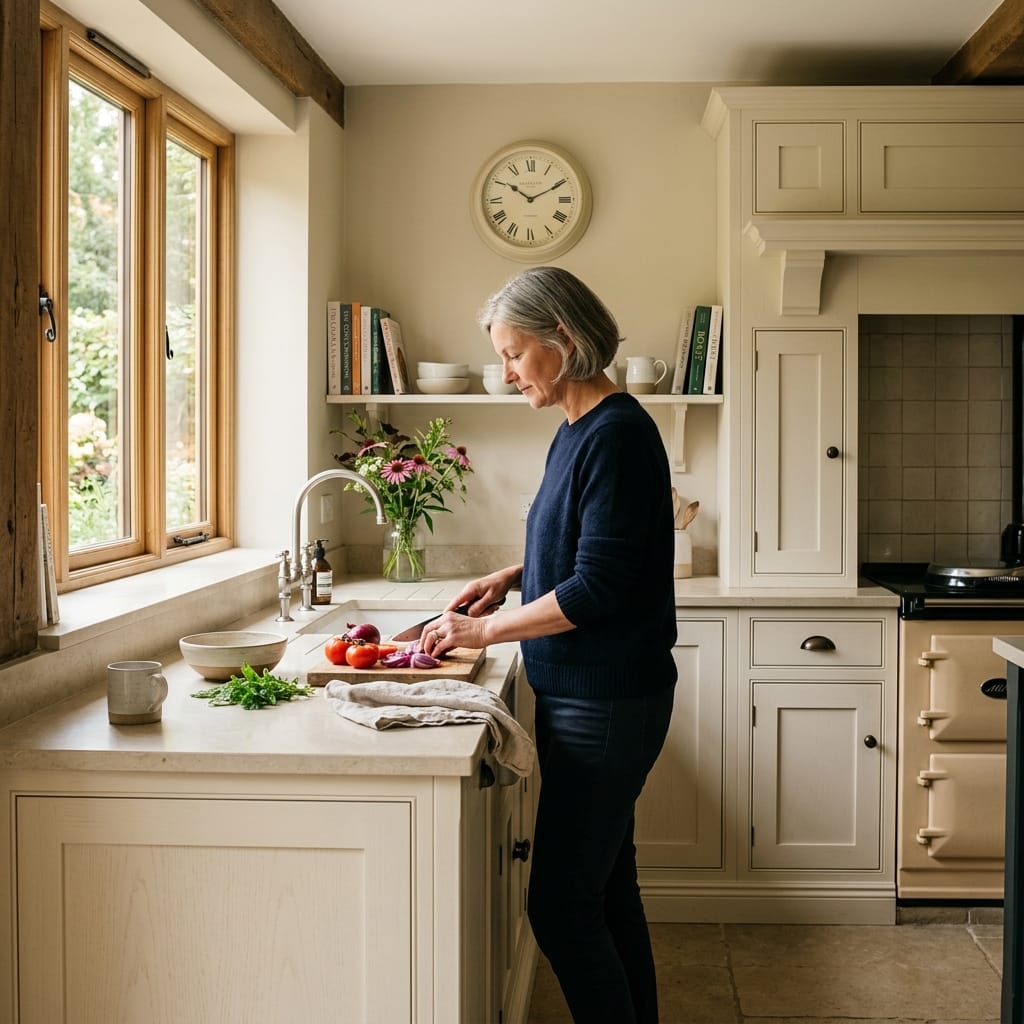light kitchen with cream cupboards, wooden beams, and large window above sink