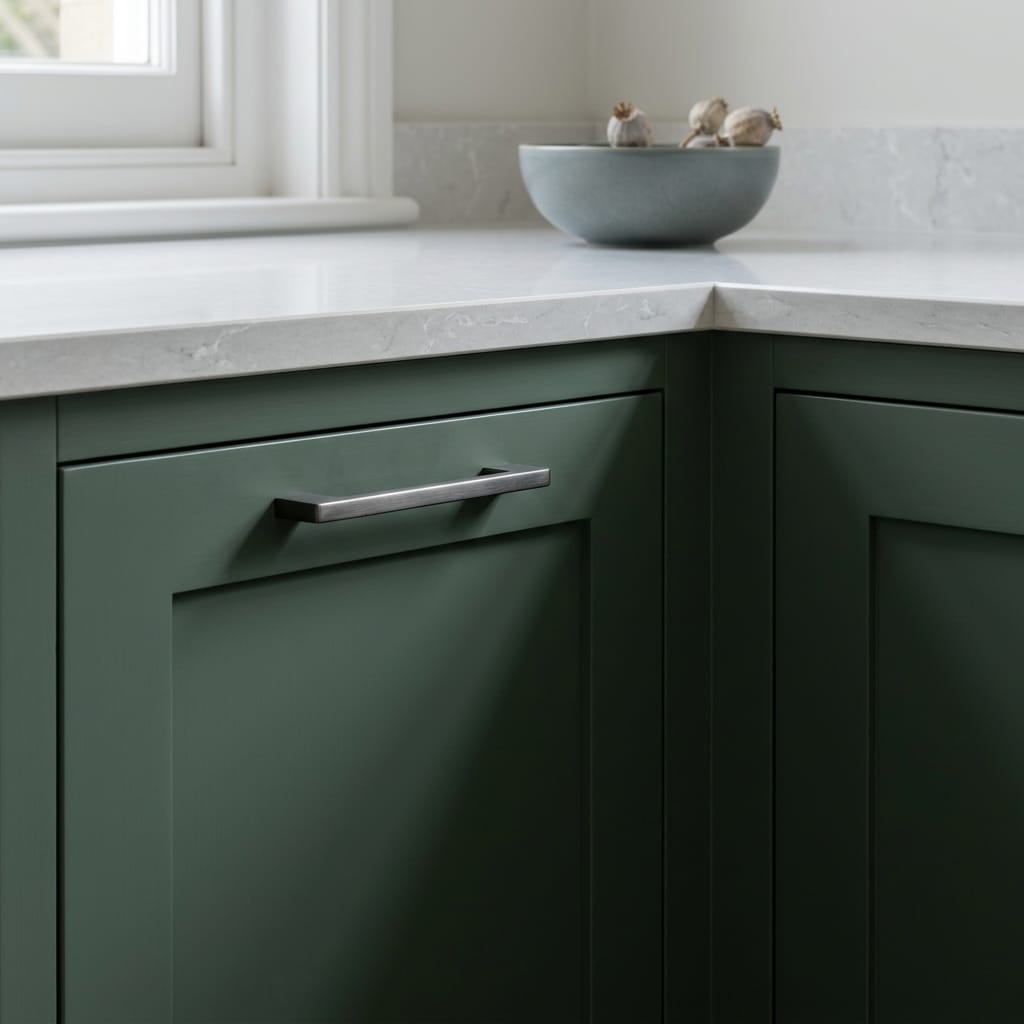 Sage green shaker units with matte finish and brushed metal handle