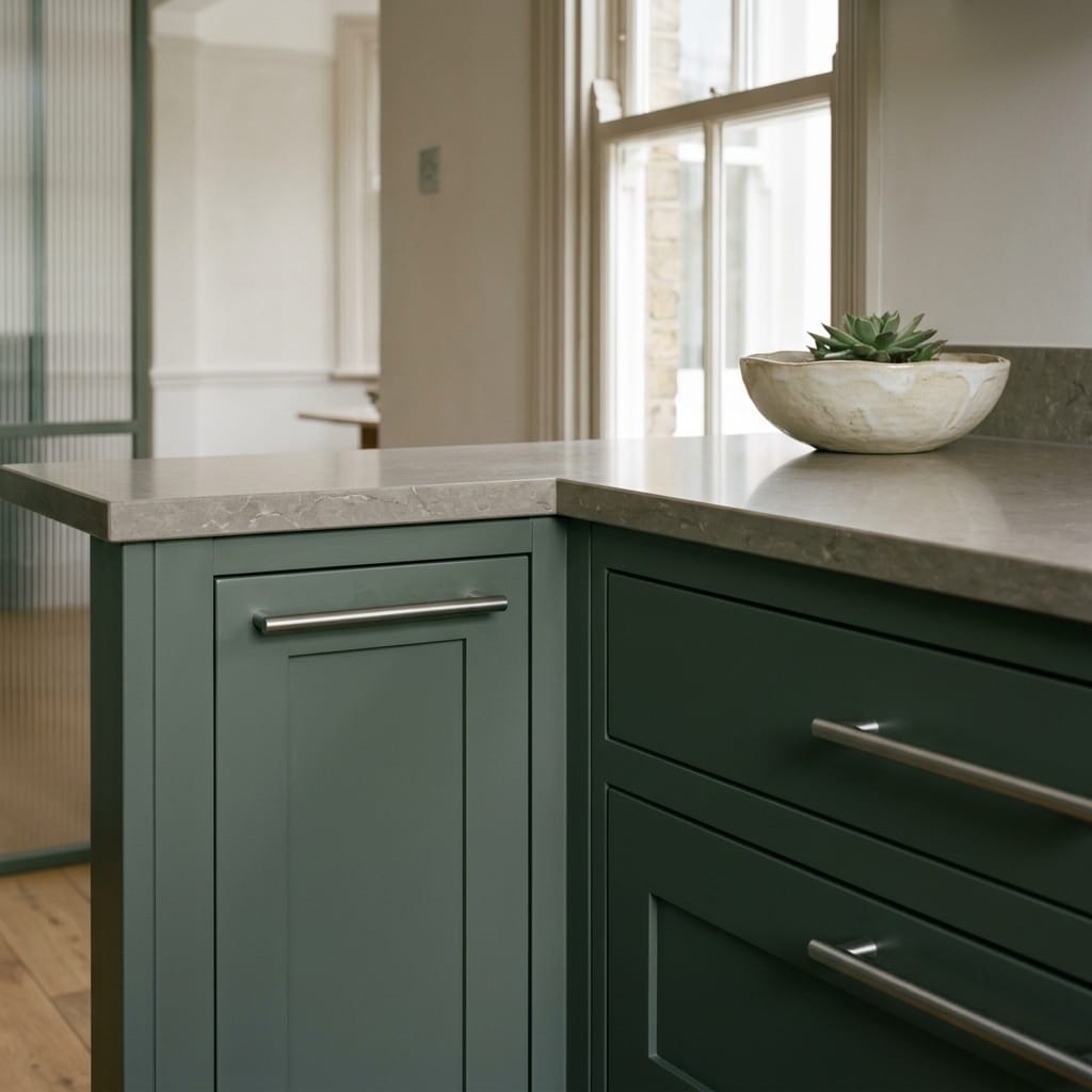 square3_800x800-136 matte green drawers with silver handles and stone worktop near window