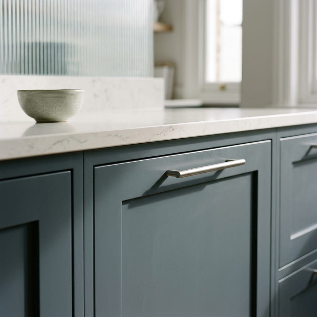 matte blue cupboard with silver handle and marble effect worktop