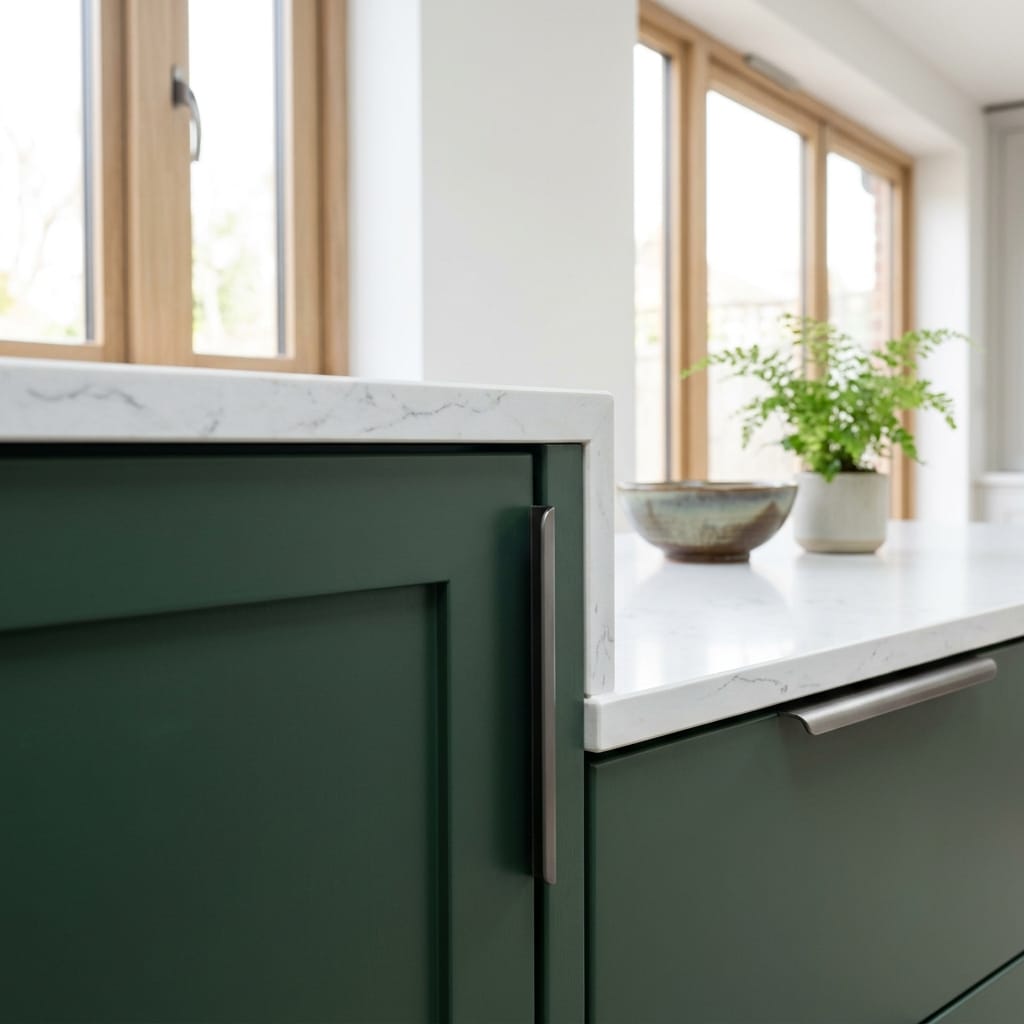 square3_800x800-139 green panelled drawers with white marble worktop and silver handles