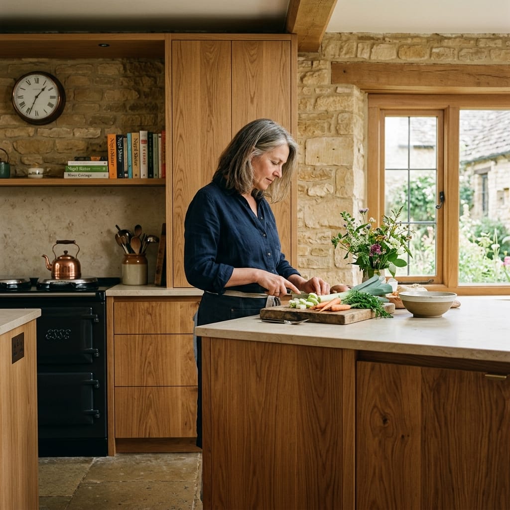 rustic kitchen with wooden units, stone walls and large window, woman chopping vegetables