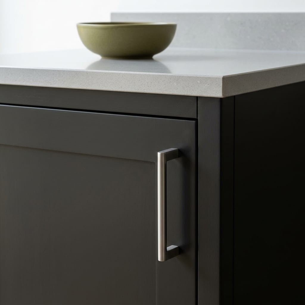 dark matte cabinet with brushed metal handle and pale worktop