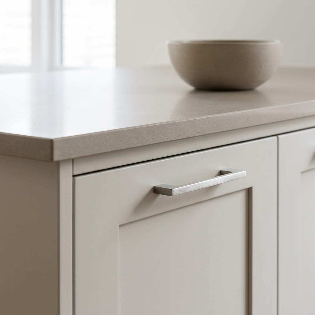 matte light grey cupboard with silver handle and matching bowl on surface