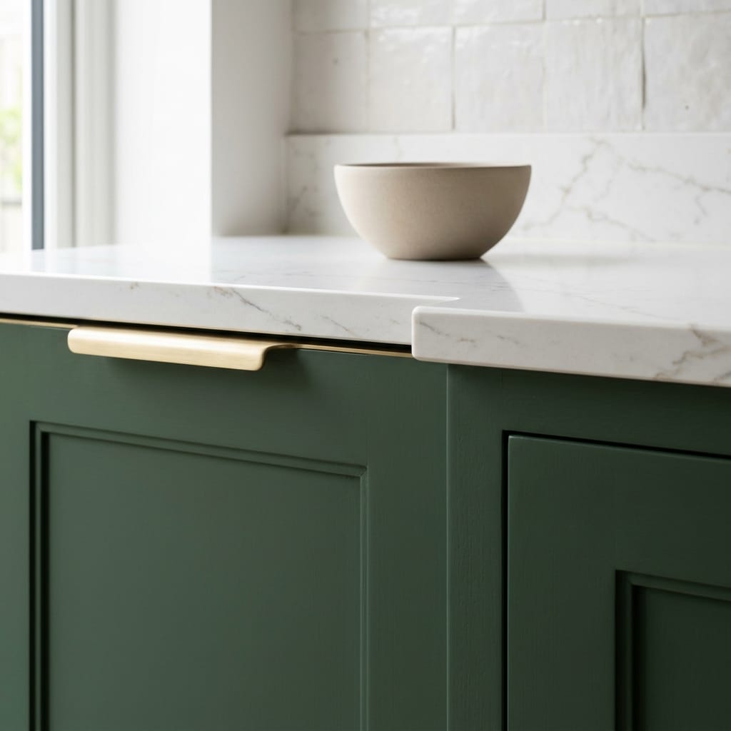 Green panelled cupboard with gold handle and white marble worktop