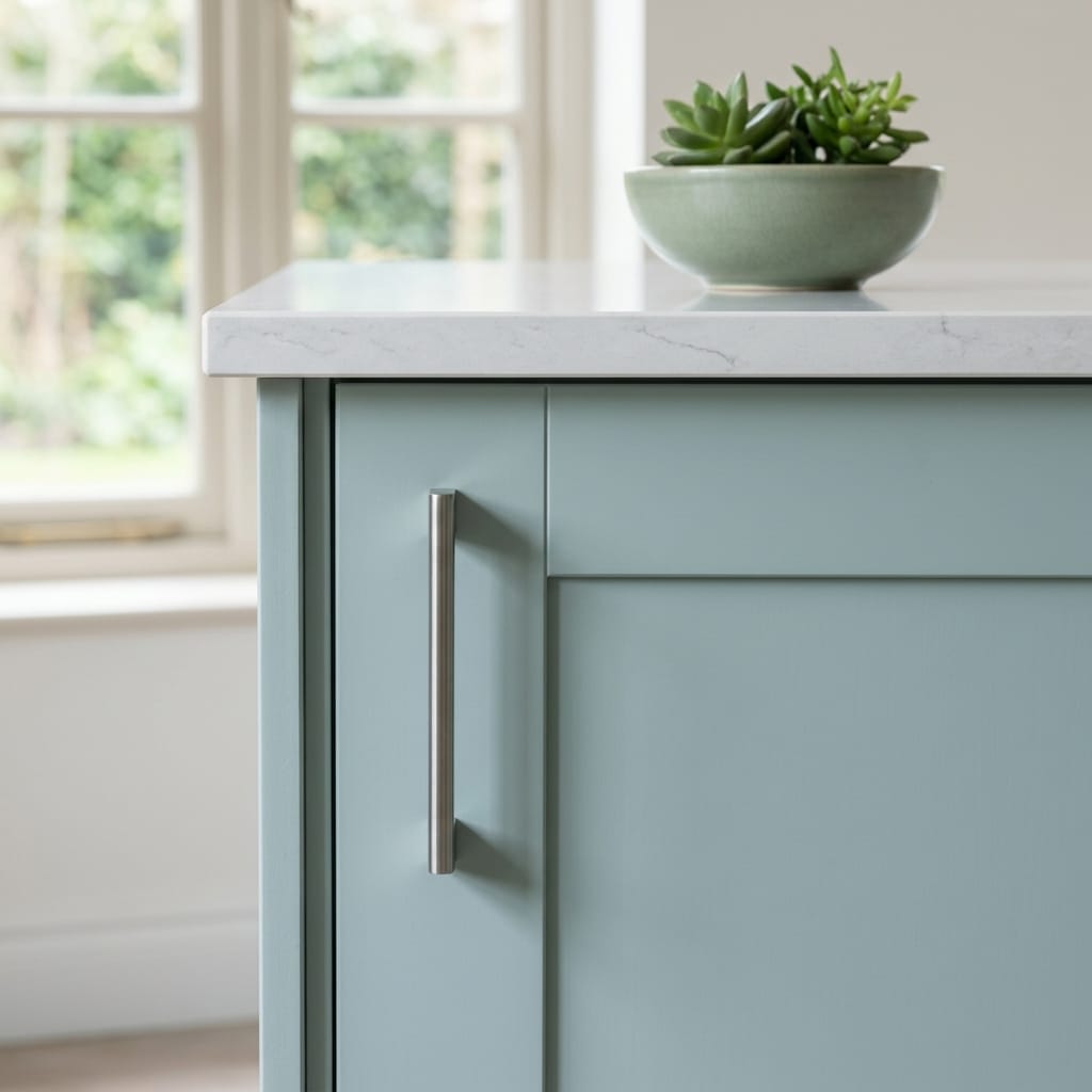 pale blue kitchen unit with silver handle and marble worktop