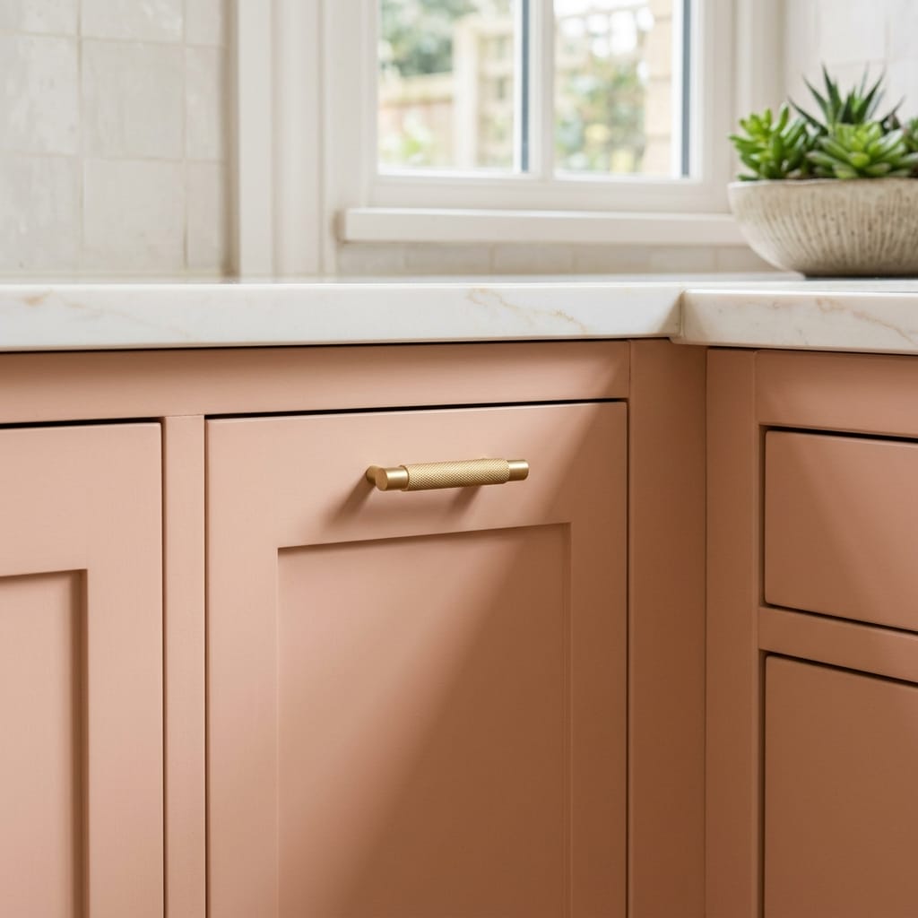 square3_800x800-145 peach pink cupboards with gold handle and white marble worktop
