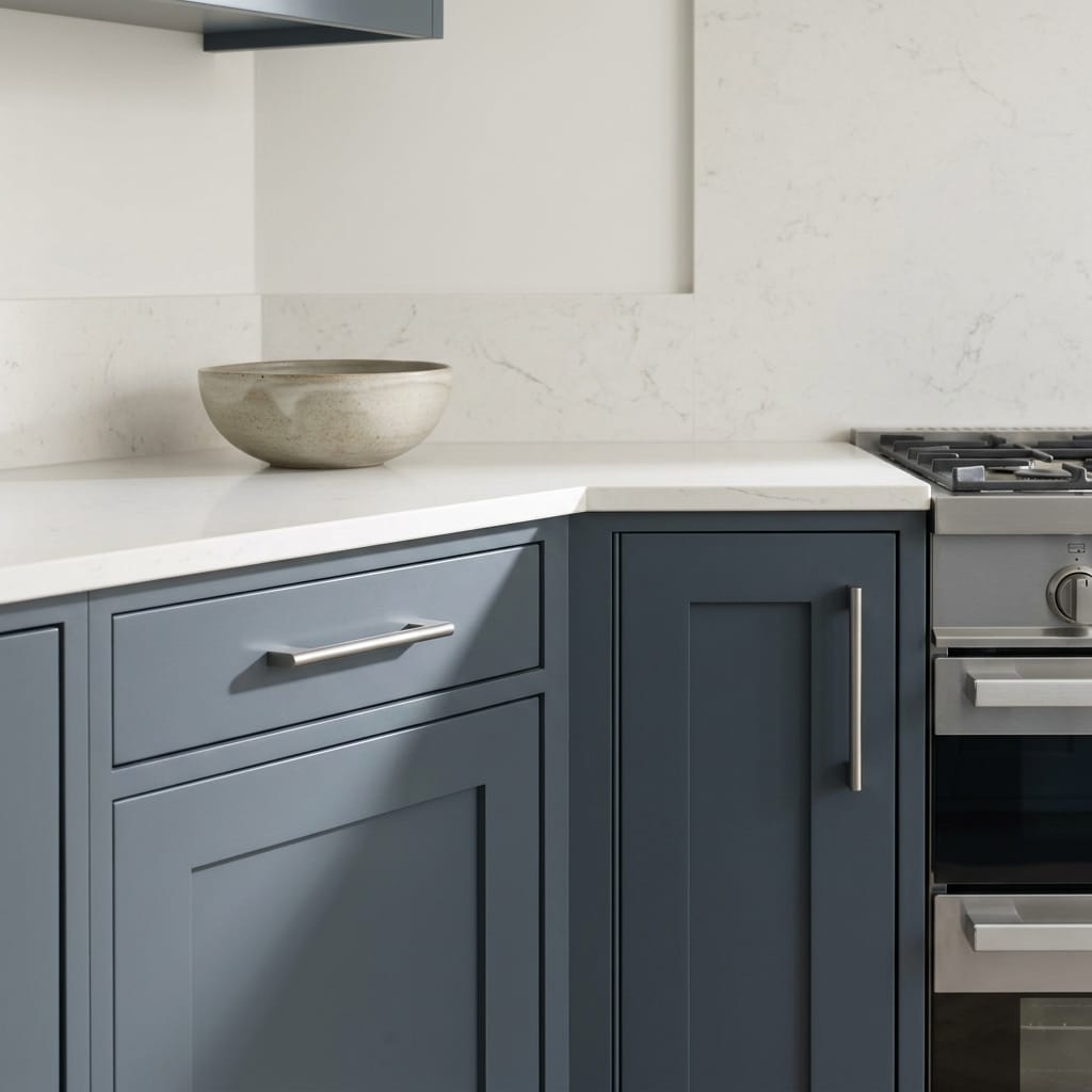 square3_800x800-146 matte blue cupboards with silver handles and white marble worktop