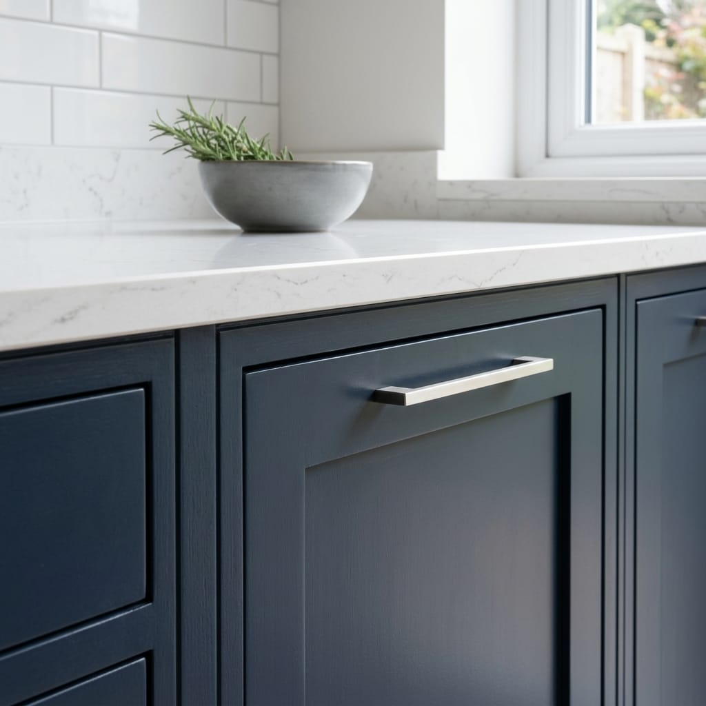 Navy blue shaker units with brushed metal handles and white marble worktop