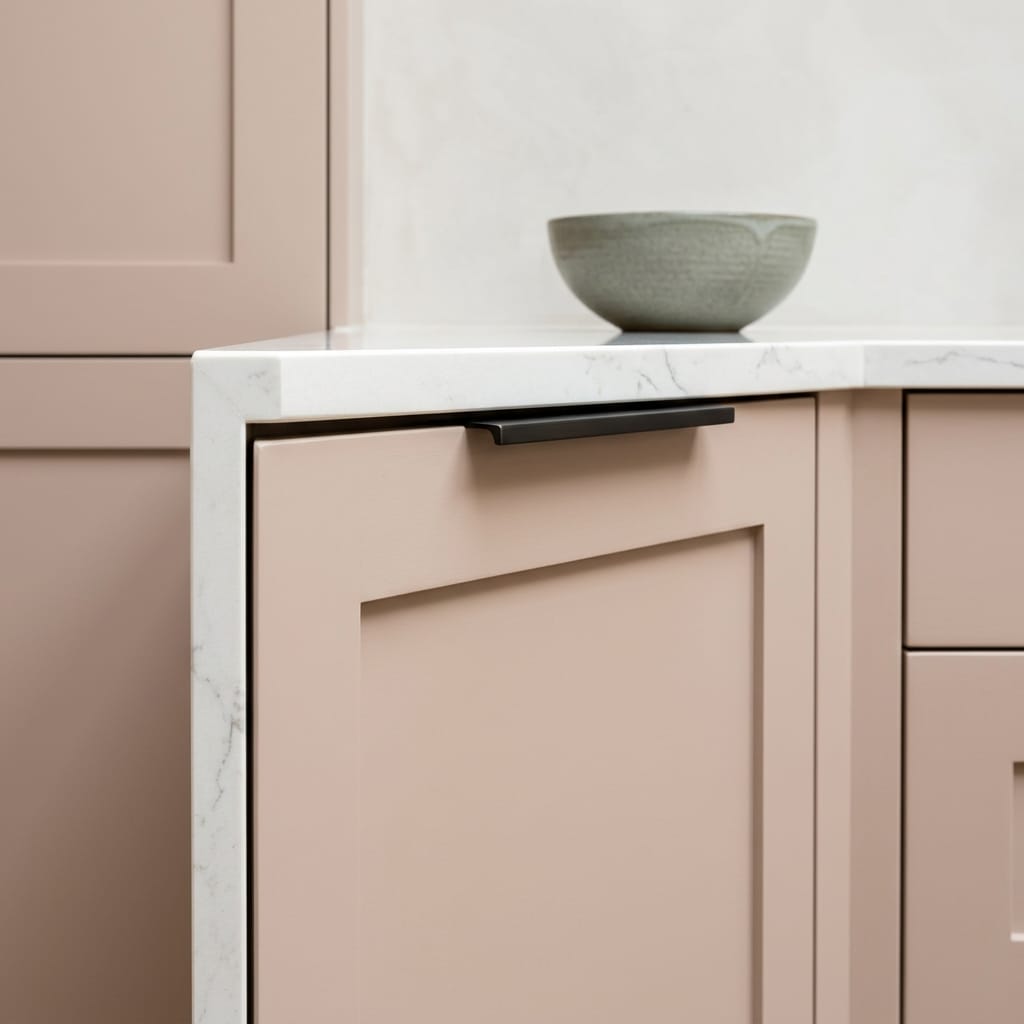 matte pink cupboard doors with black handle and white marble worktop