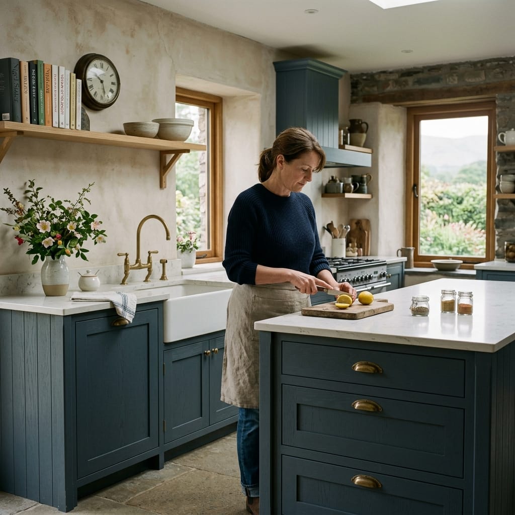 woman slicing lemons in blue country-style kitchen with marble worktops