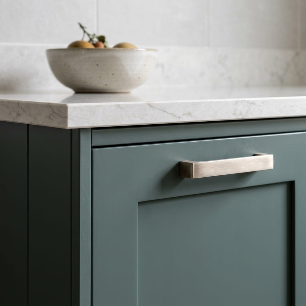 matte green drawer with brushed metal handle and marble worktop