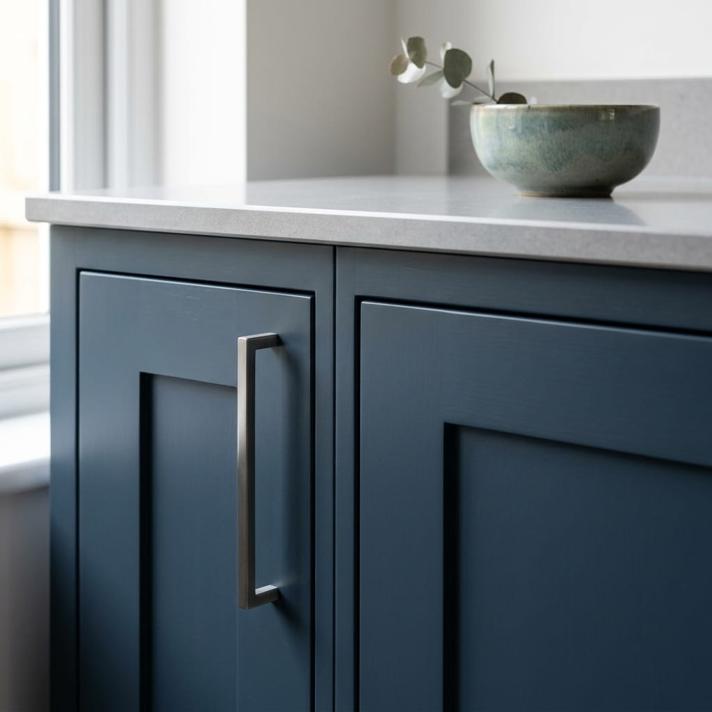 square3_800x800-152 matte blue cupboard doors with silver handle and pale worktop