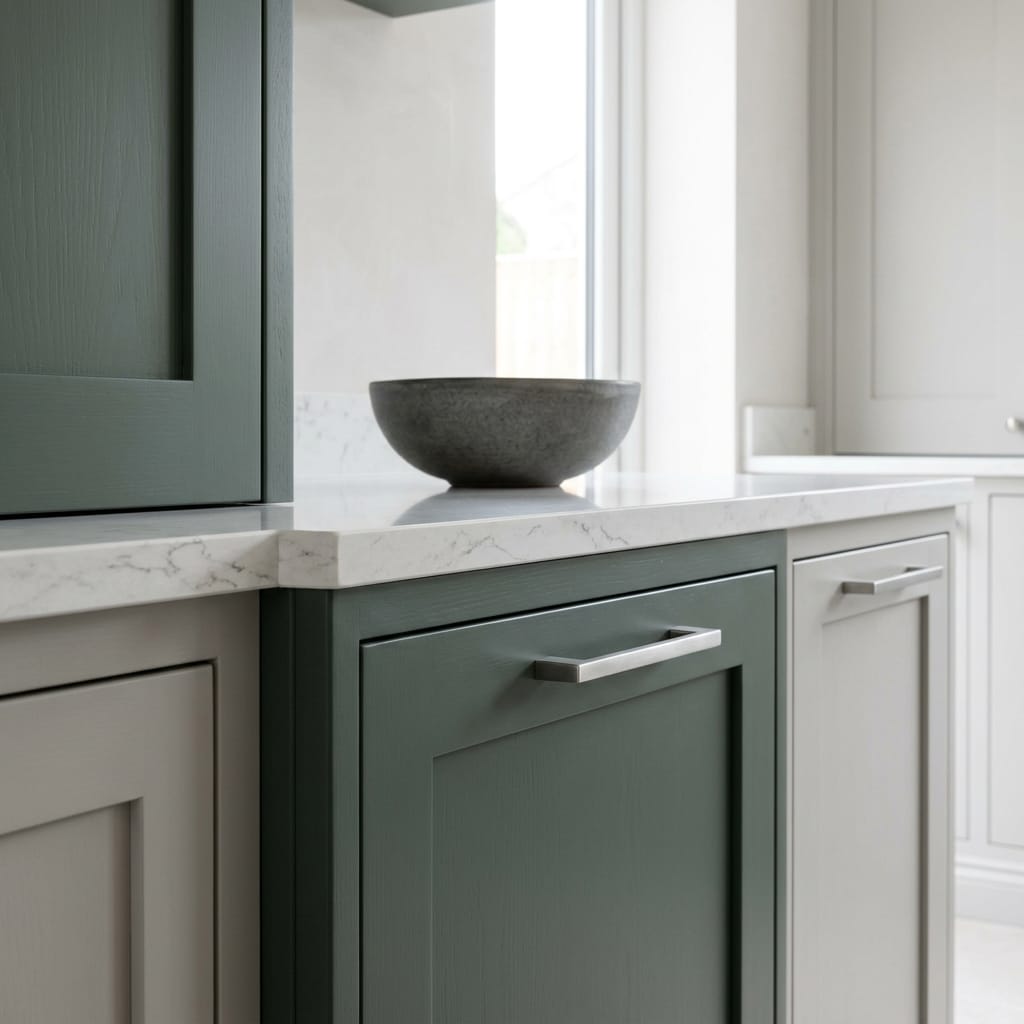 green and light grey panelled drawers with marble worktop and stone bowl