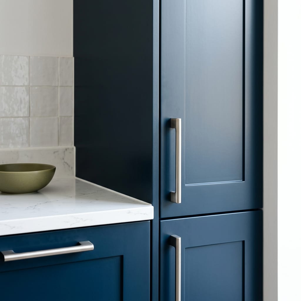 square3_800x800-155 Matte navy units with brushed metal handles and white marble worktop