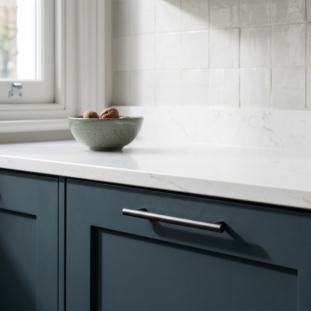 matte blue cupboard with silver handle and white marble worktop