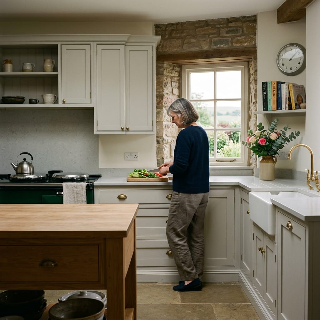 square3_800x800-16 Classic Mastercraft kitchen with cream cabinets, stone wall, and gold tap accents