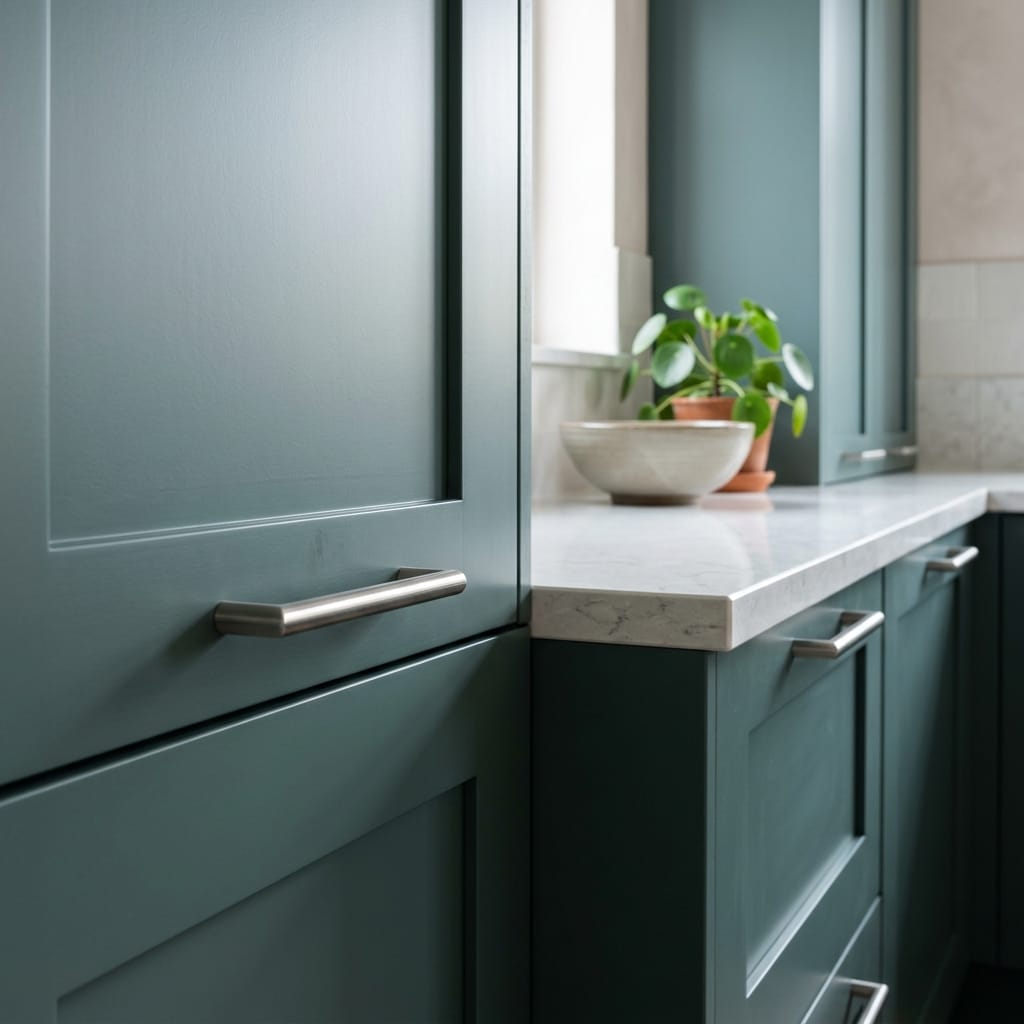 square3_800x800-161 matte teal cupboards with silver handles and white marble worktop