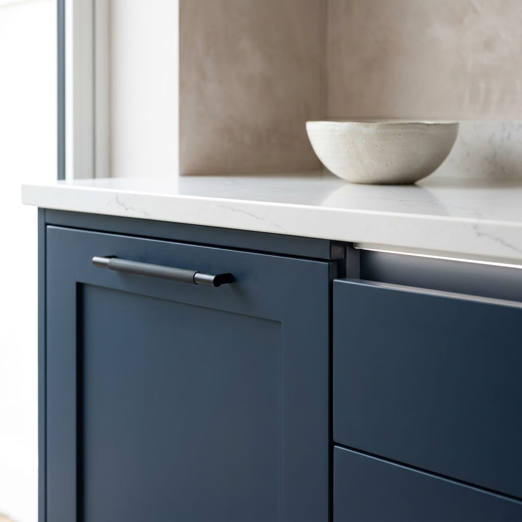 matte navy cupboard with black handle and white marble worktop