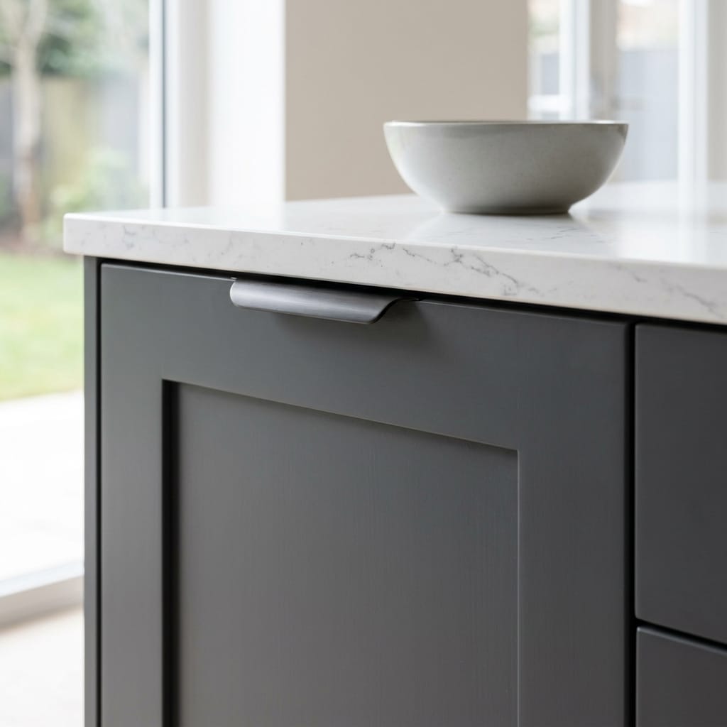 matte dark grey cupboard with white marble worktop and ceramic bowl