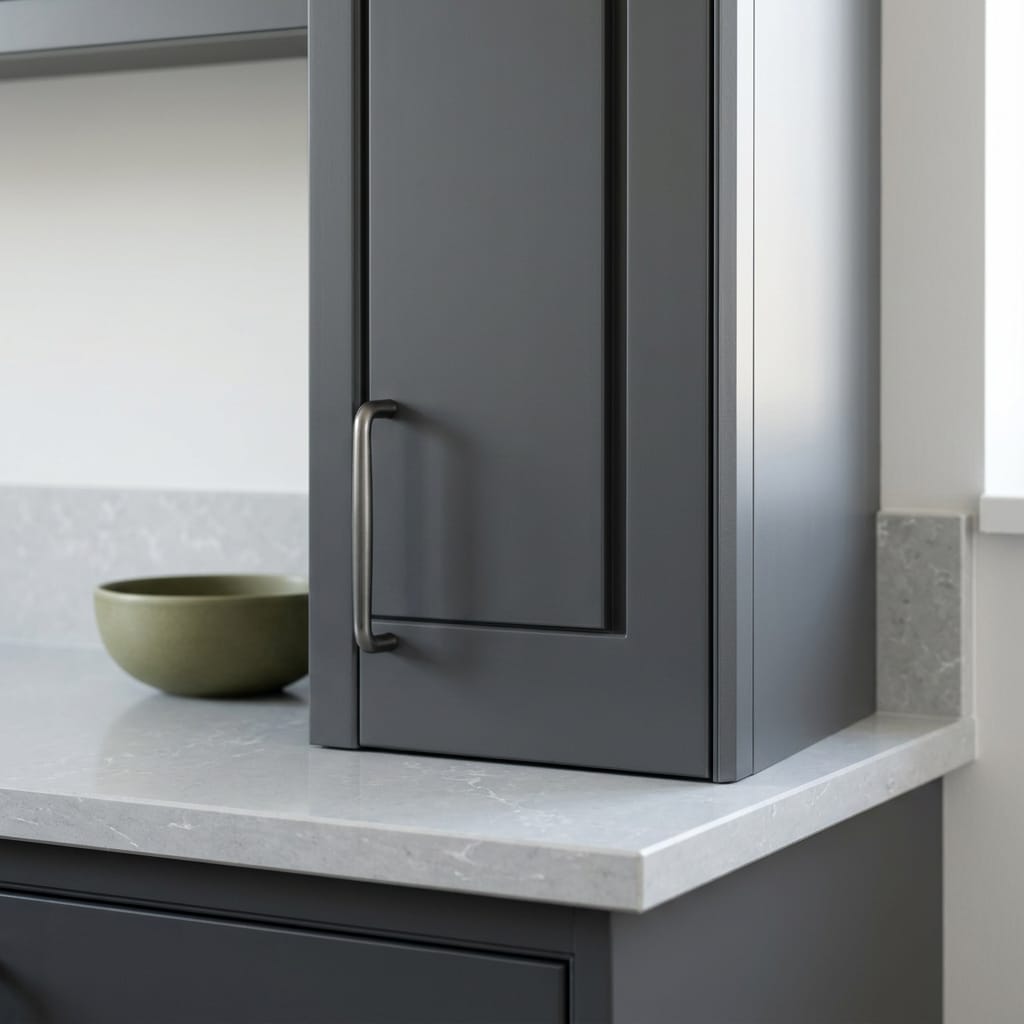 matte dark grey cupboard with metal handle and pale stone worktop