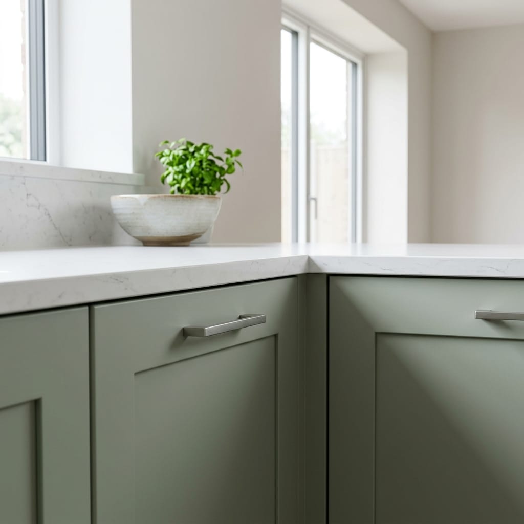 square3_800x800-165 sage green cupboards with white marble worktop and potted plant by window