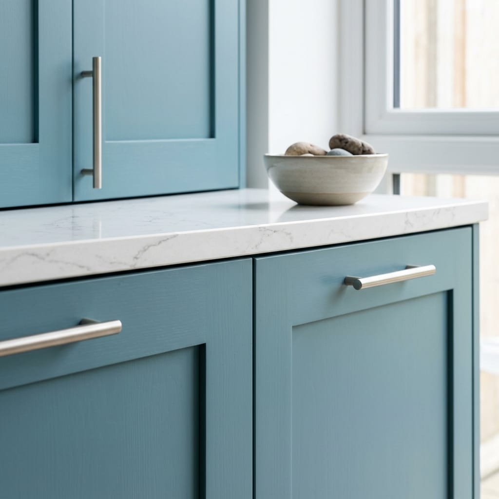matte blue panel doors with brushed metal handles and marble effect worktop