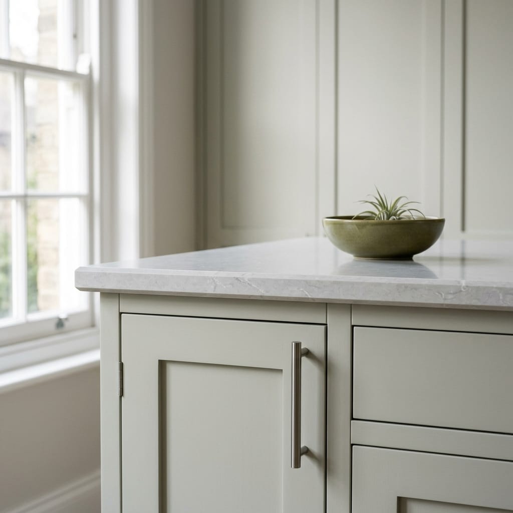 pale green cupboard with marble worktop and small green bowl
