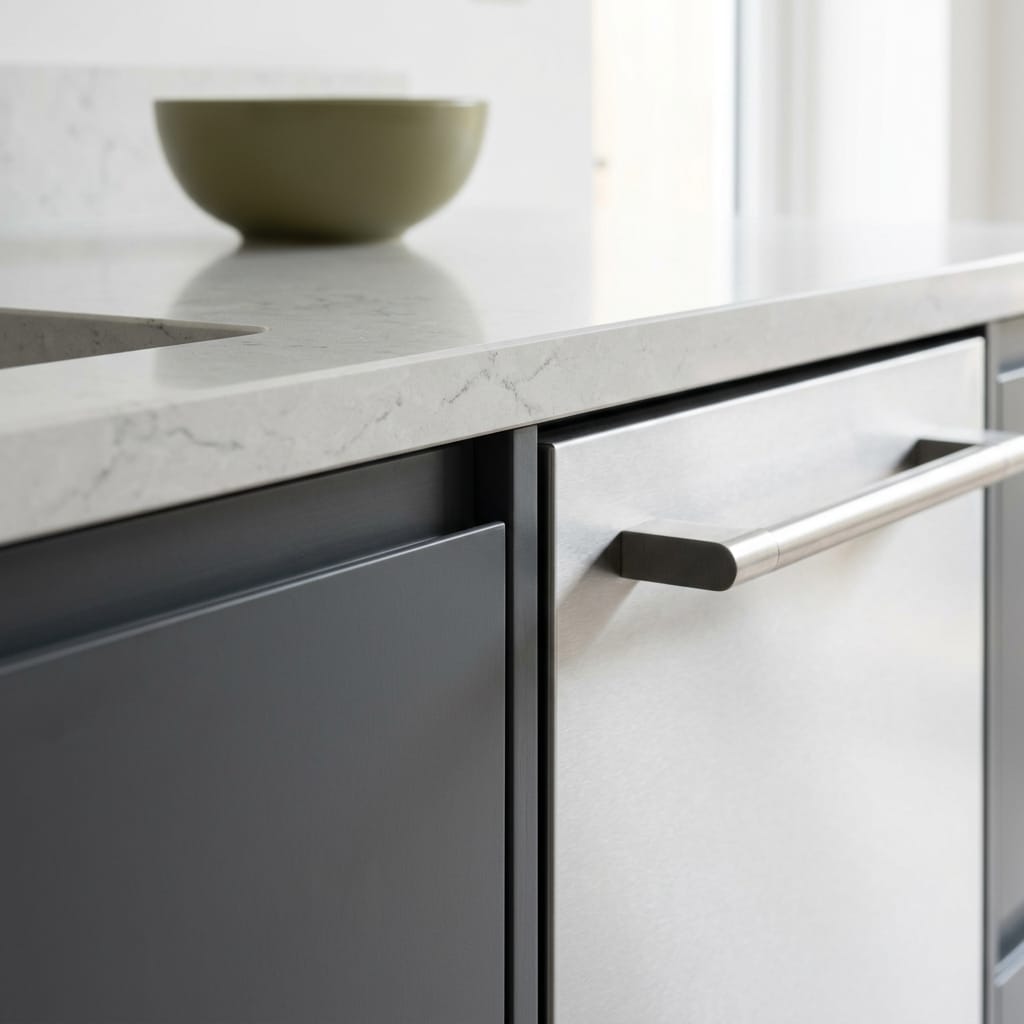 matte grey cupboard with brushed metal handle and pale marble worktop