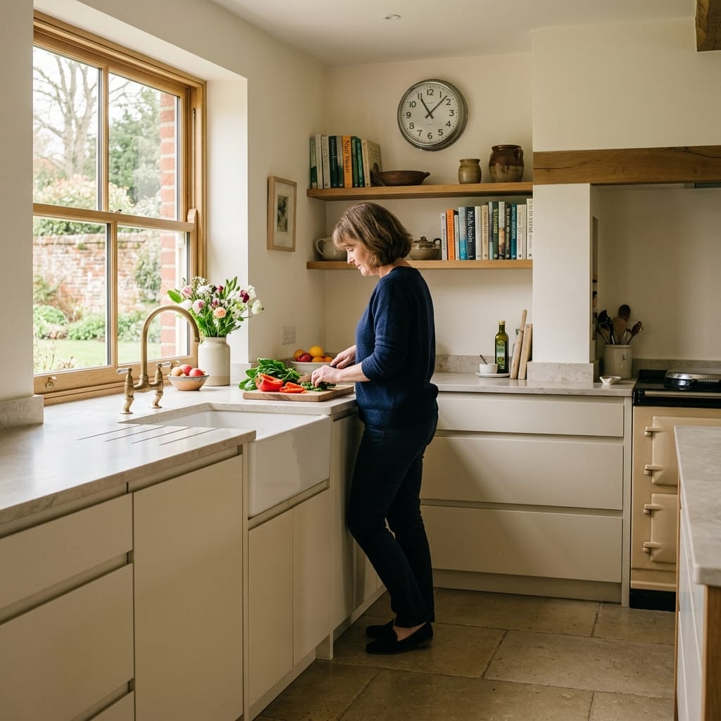 woman chopping vegetables in light kitchen with open shelving and stone flooring