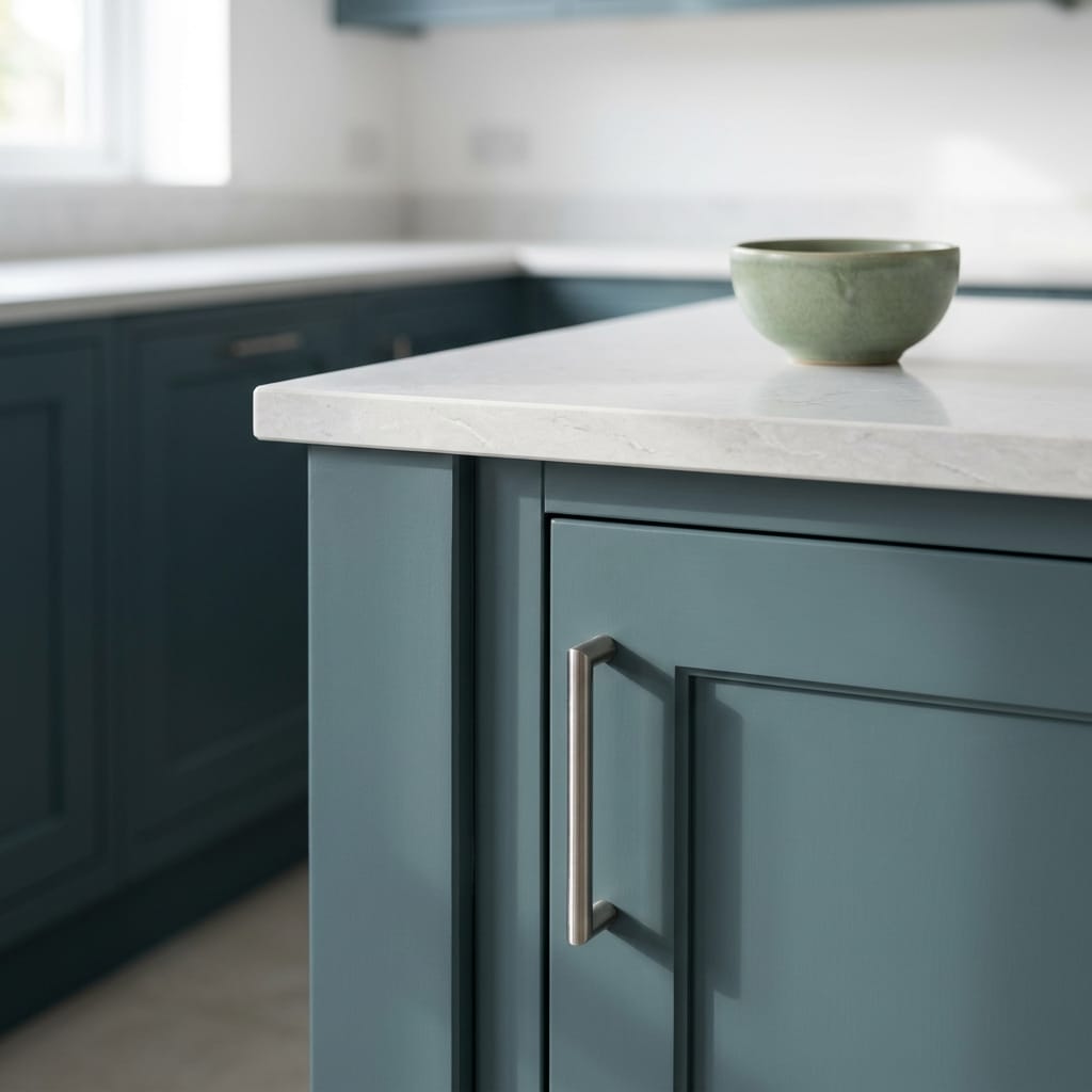 Matte blue shaker units with white marble worktop and brushed metal handle