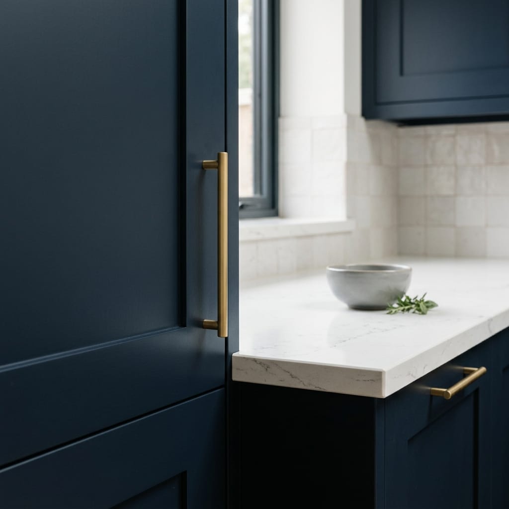 navy blue cupboards with gold handles and white marble worktop