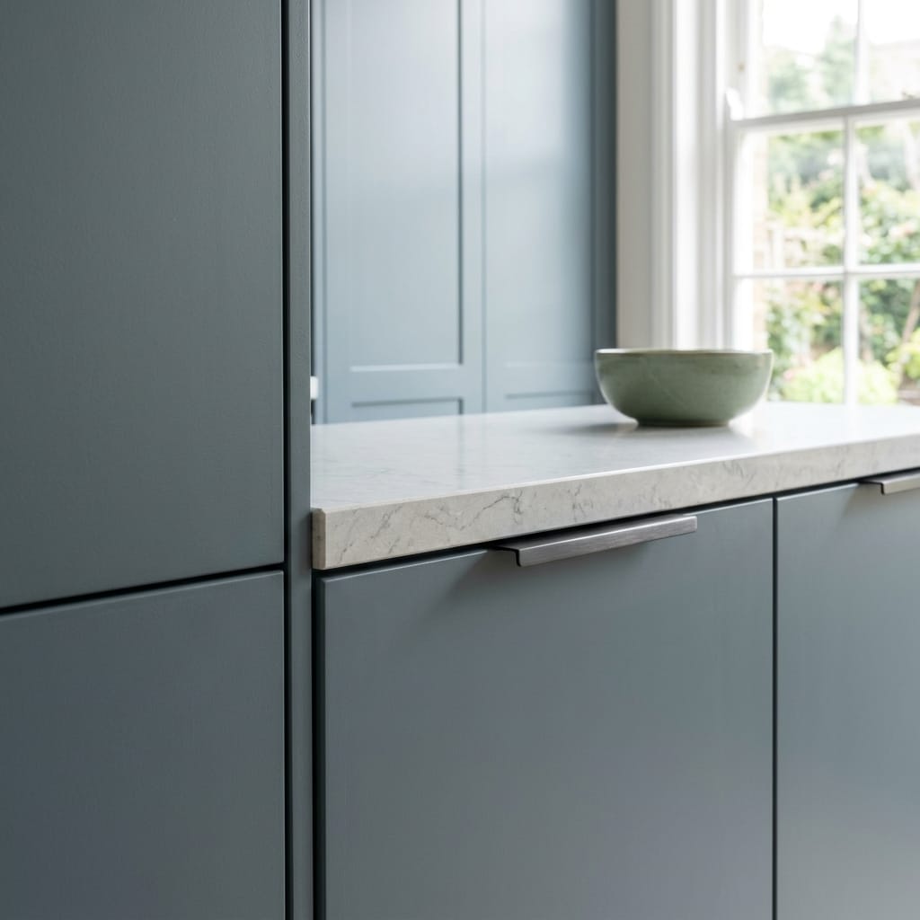 matte blue-grey cupboards with white marble worktop and green bowl