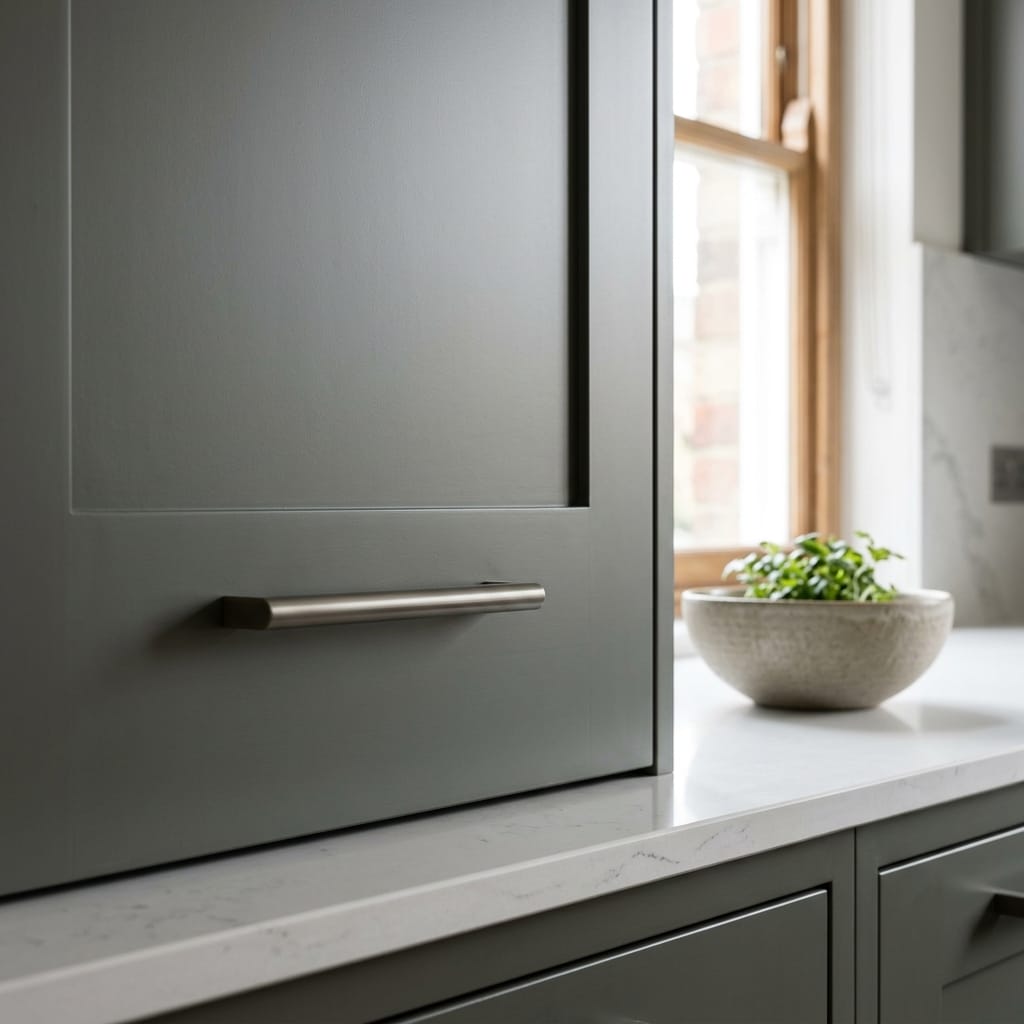 square3_800x800-176 matte grey panel door with metal handle beside white worktop and potted plant