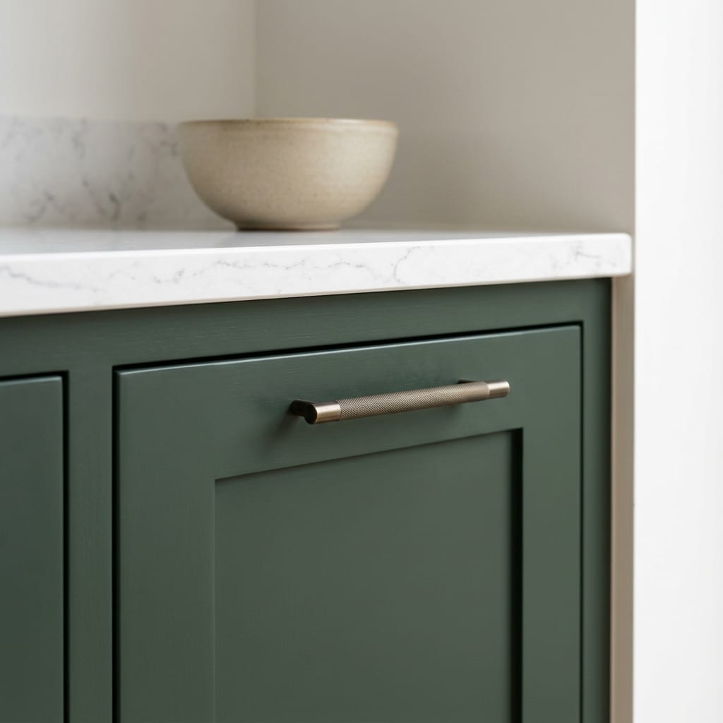 square3_800x800-178 green cupboard with brushed metal handle and white marble worktop
