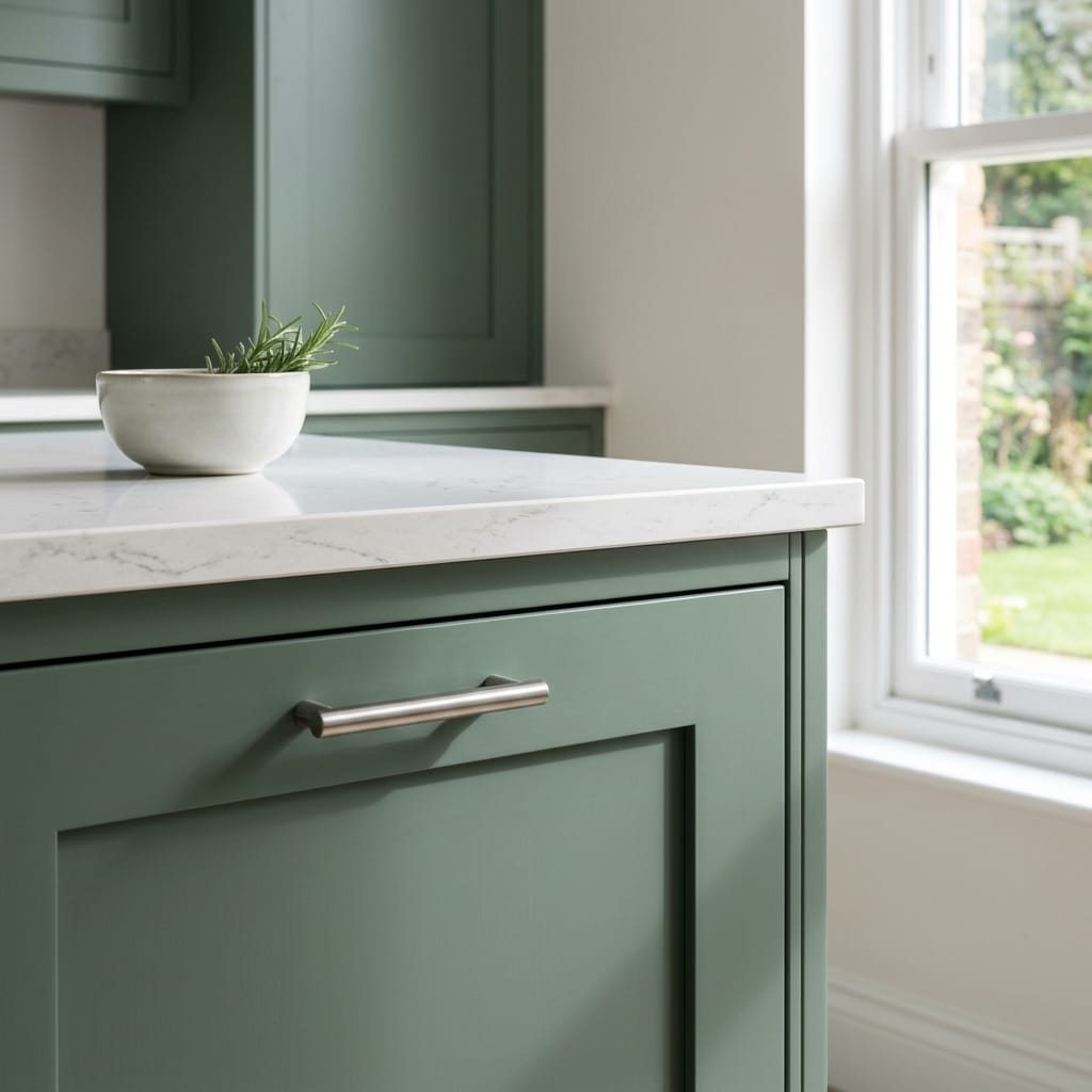 square3_800x800-179 sage green kitchen unit with white marble worktop and silver handle