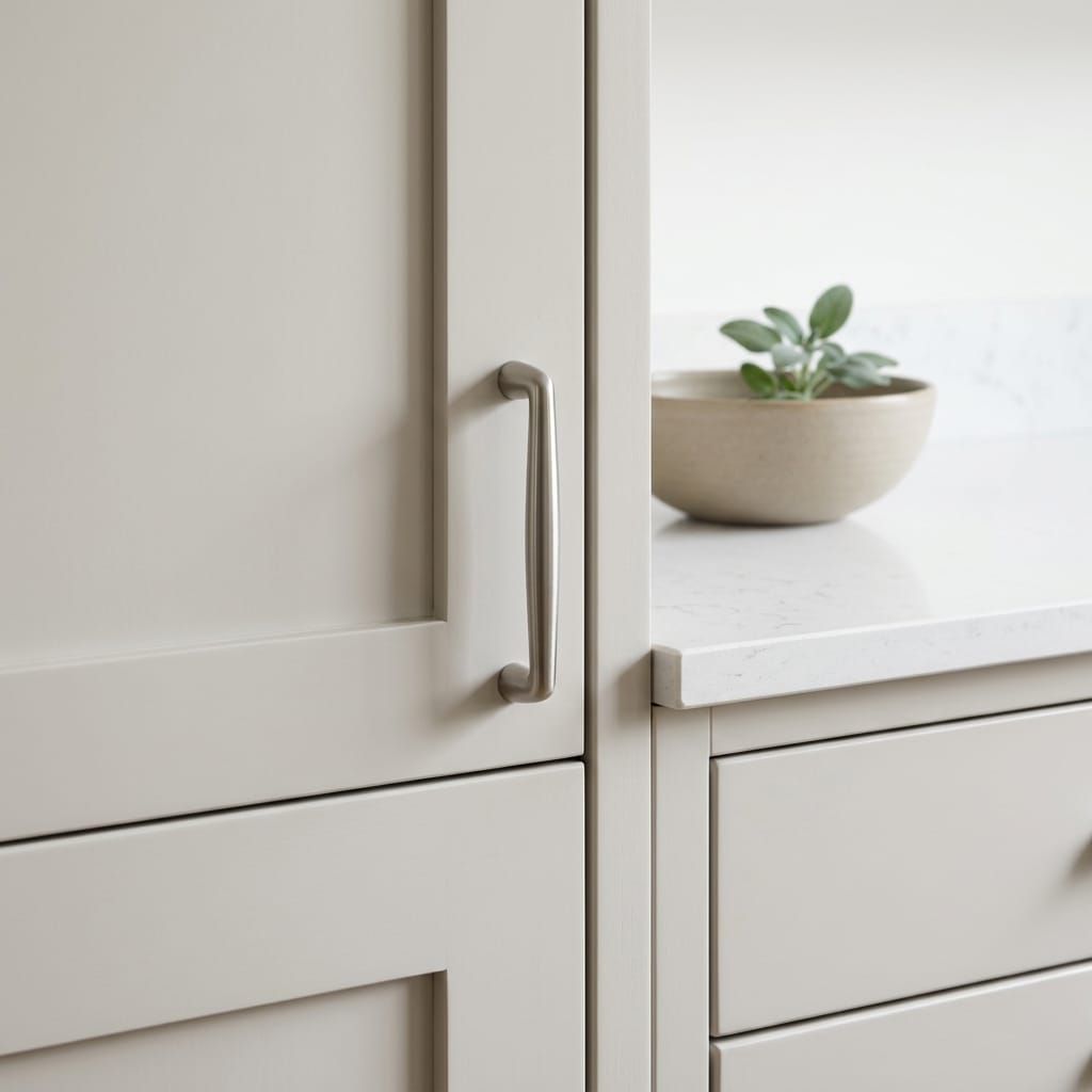light grey cupboard with brushed metal handle and marble worktop