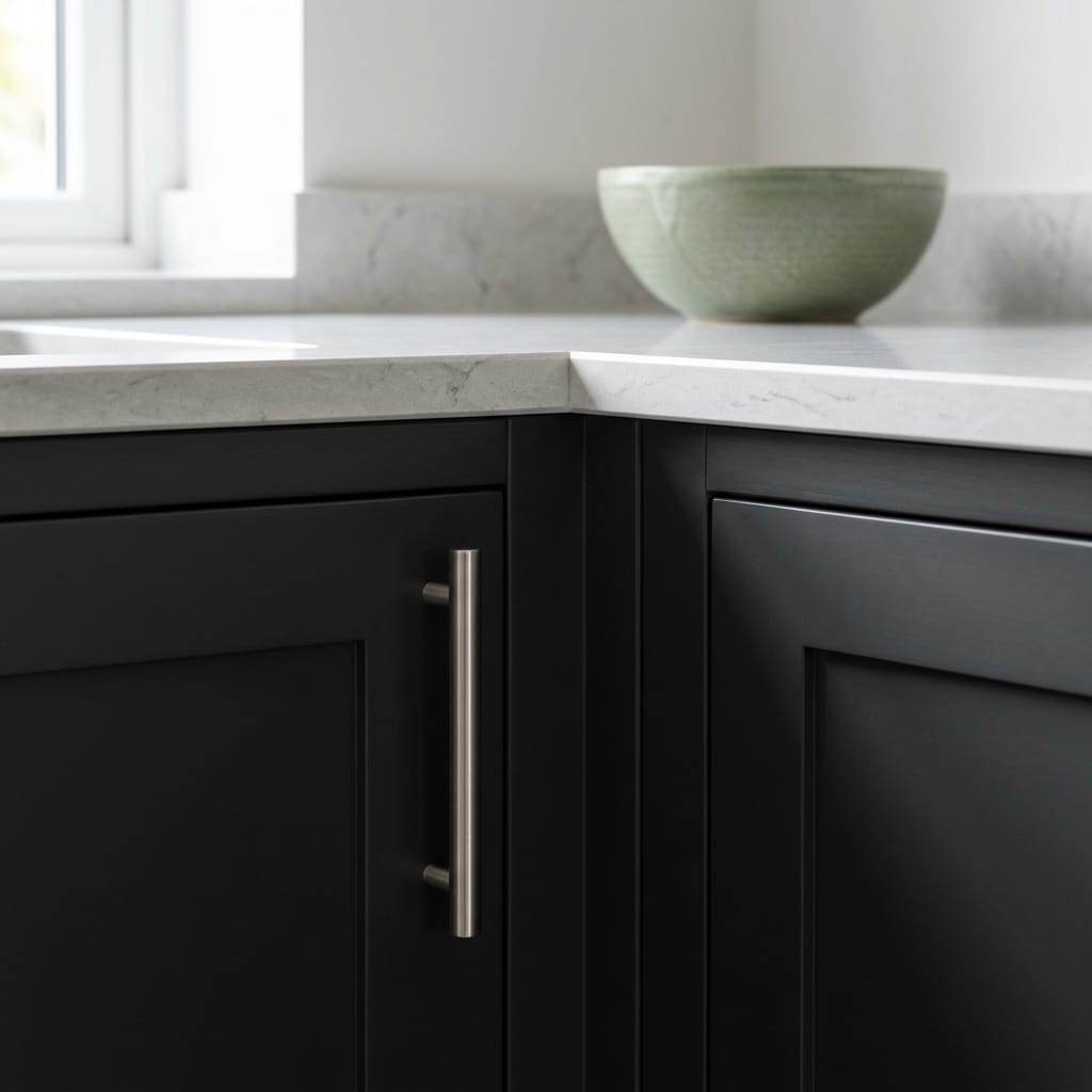 matte black units with brushed steel handle and pale marble worktop