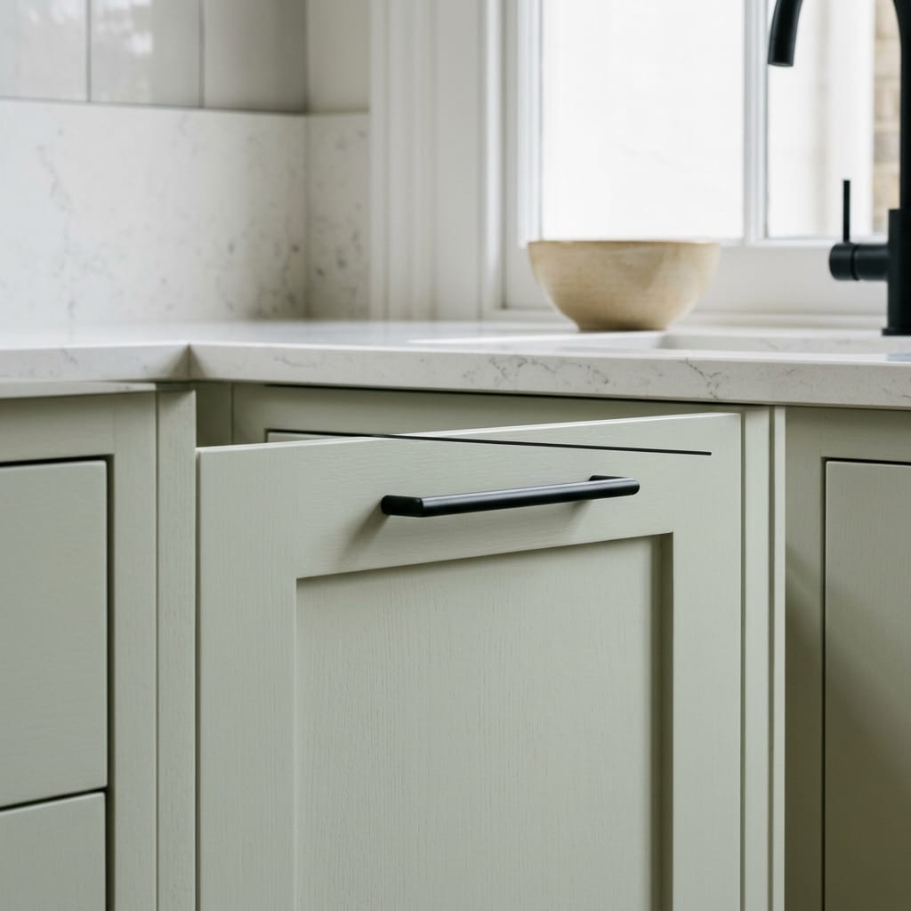 square3_800x800-183 pale green shaker-style cupboard with black handle and marble worktop