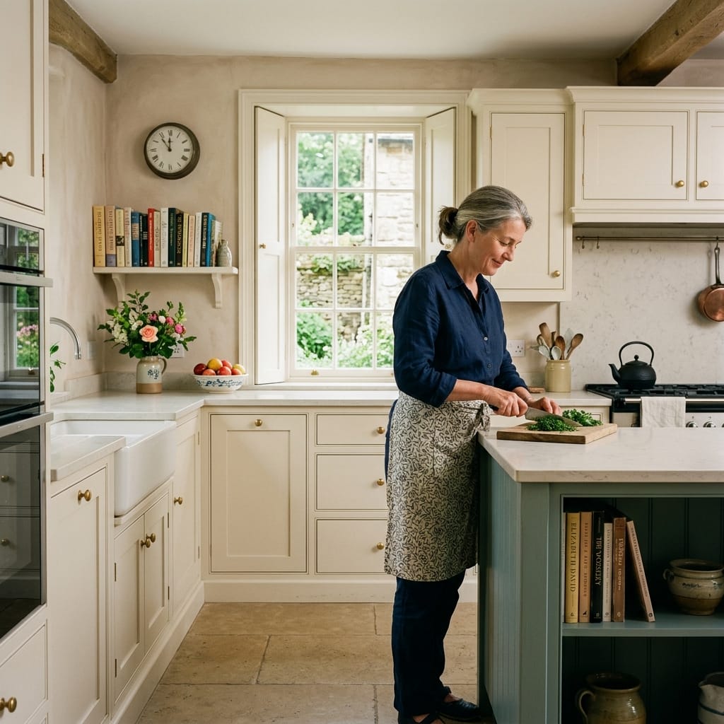 woman chopping herbs in cream kitchen with large window and open shelving
