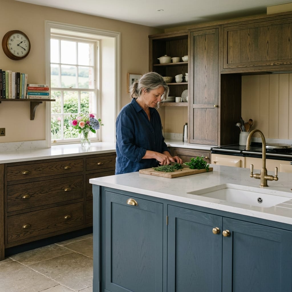 woman chopping herbs on marble worktop with blue and wood kitchen units