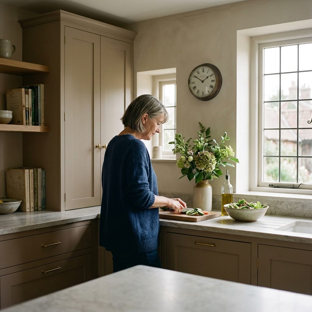 square3_800x800-21 Warm taupe kitchen with marble worktops and large window, Mastercraft kitchen style