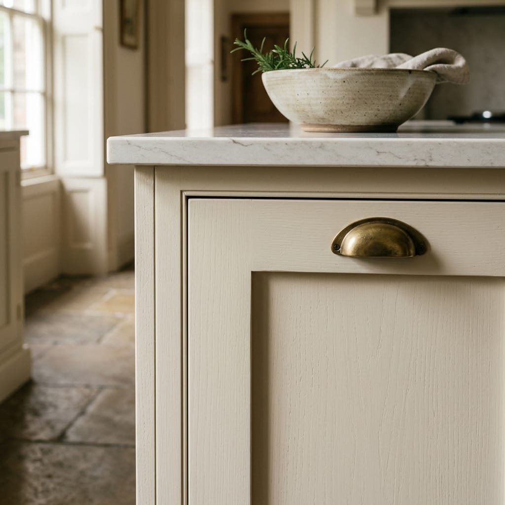 Cream panelled drawer with brass cup handle and marble worktop