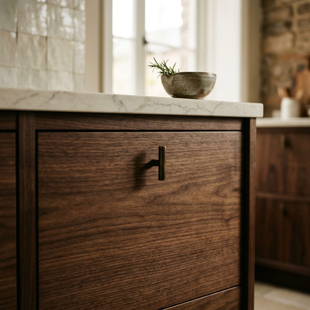 dark wood drawer with brass handle and marble worktop