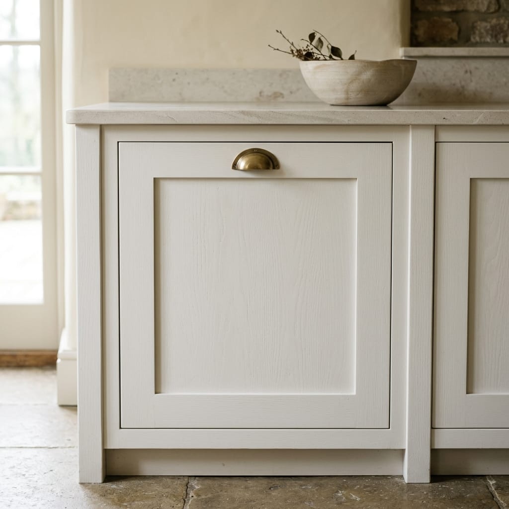 cream shaker-style cupboard with brass cup handle and stone worktop