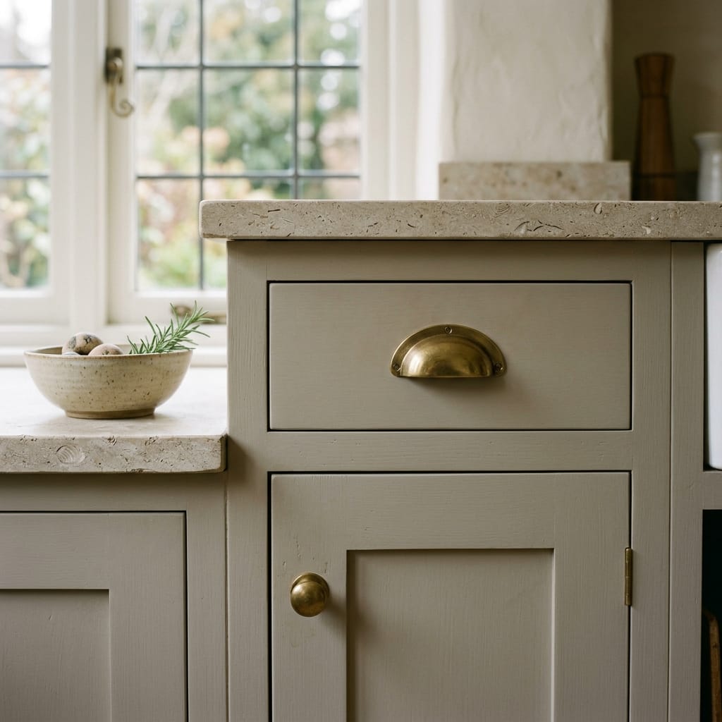 cream painted cupboard with brass handles and stone worktop