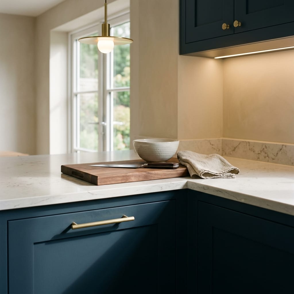 square3_800x800-377 Navy blue units with brass handles and marble effect worktop