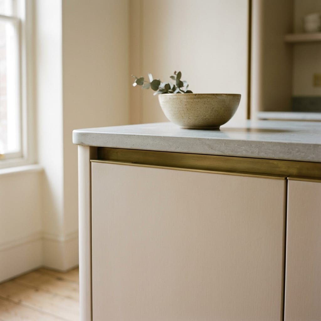 square3_800x800-38 matte cream cupboard with brass trim and stone bowl on pale worktop